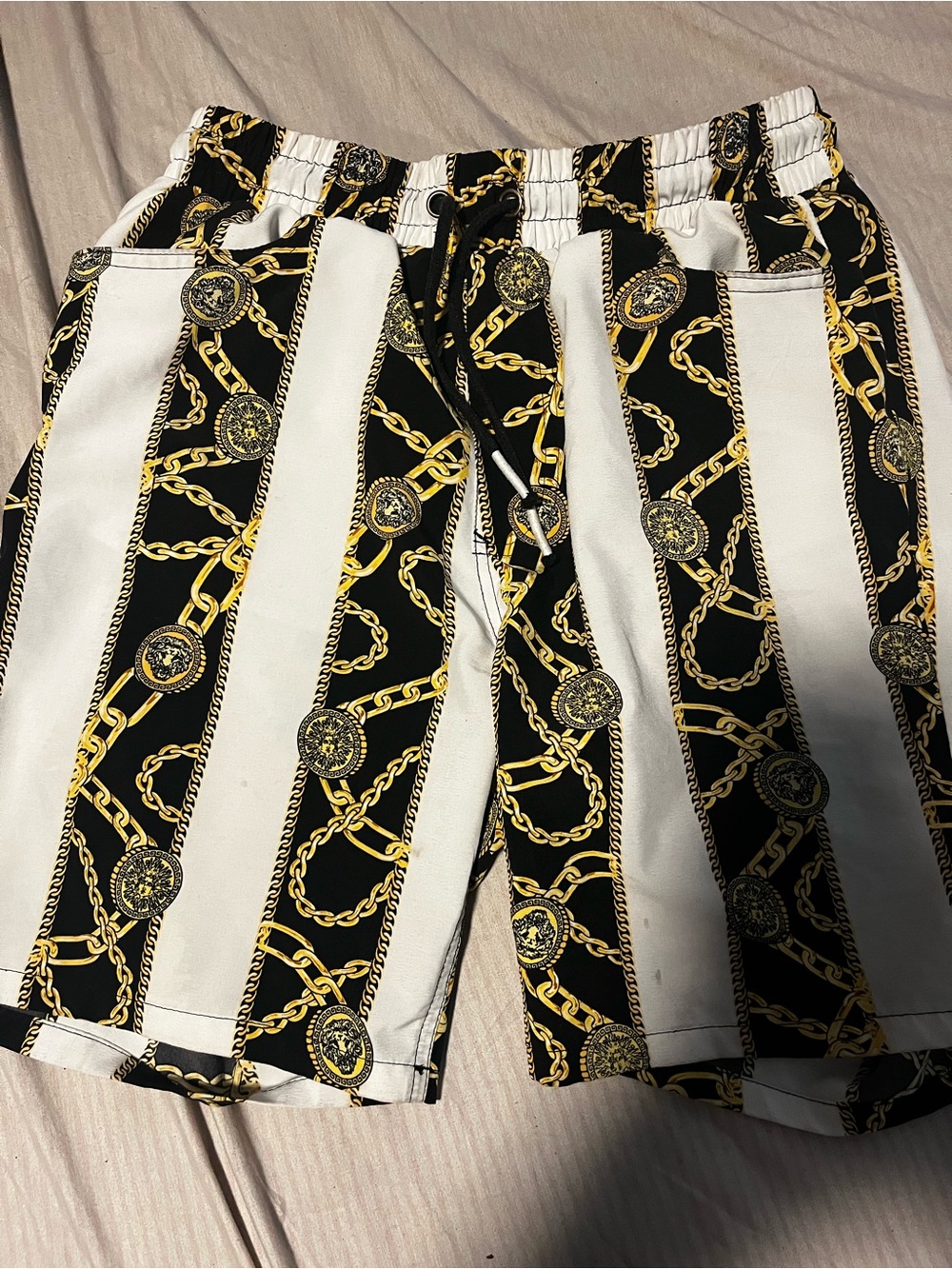 Source Unknown Black, White & Gold Chain-Print Swim Trunks